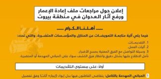 بالصورة :اعلان حول مراجعات ملف اعادة الاعمار ورفع اثار العدوان في منطقة بيروت