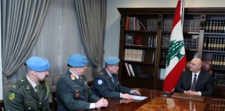 الرئيس عون عرض مع رئيس أركان هيئة الأمم المتحدة لمراقبة الهدنة عمل المراقبين وشدّد على تطبيق القرار ١٧٠١ وانسحاب اسرائيل وإطلاق الاسرى اللبنانيين