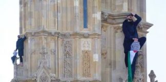 بالصورة- شرطة لندن تحاول إنزال رجل تسلق “بيغ بن” حاملا علم فلسطين