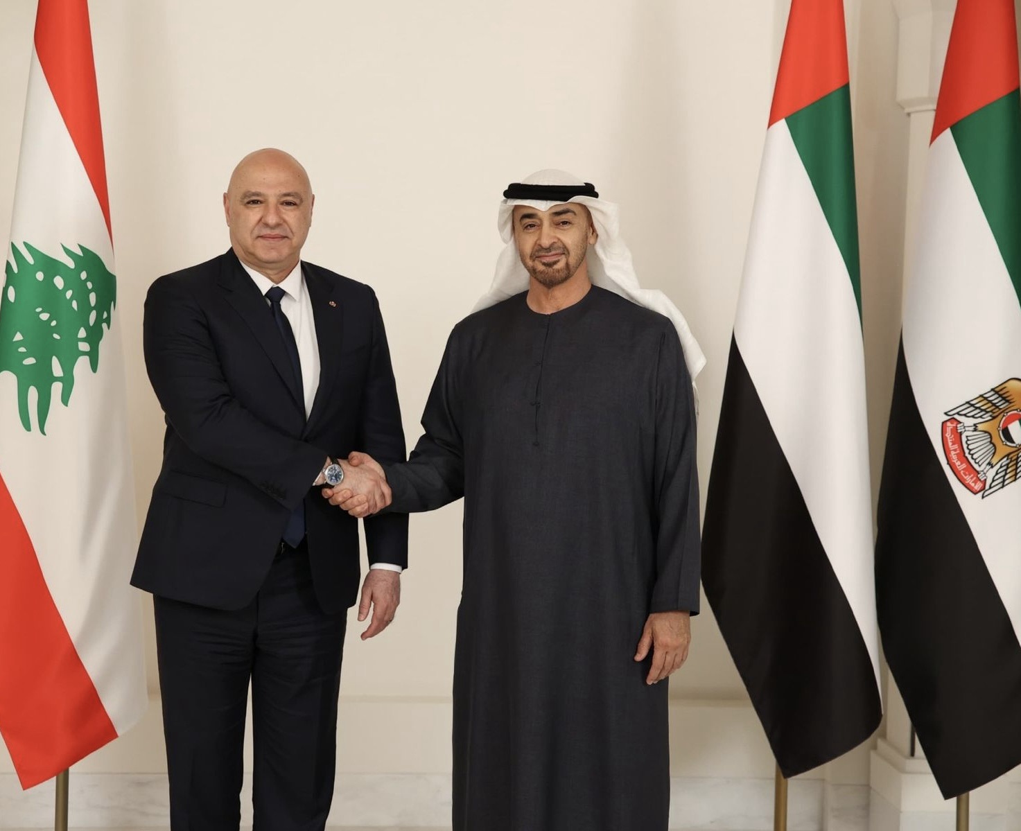 *لقاء بين رئيس الجمهورية العماد جوزاف عون ورئيس دولة الإمارات العربية المتحدة الشيخ محمد بن زايد آل نهيان، في قصر الشاطىء في ابو ظبي*