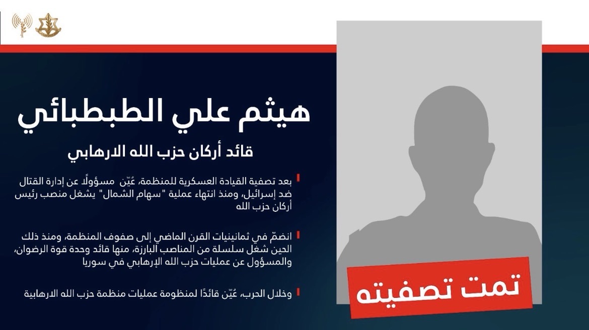 ادرعي رسميًا: جيش الدفاع قضى على المدعو هيثم علي الطبطبائي قائد أركان حزب الله