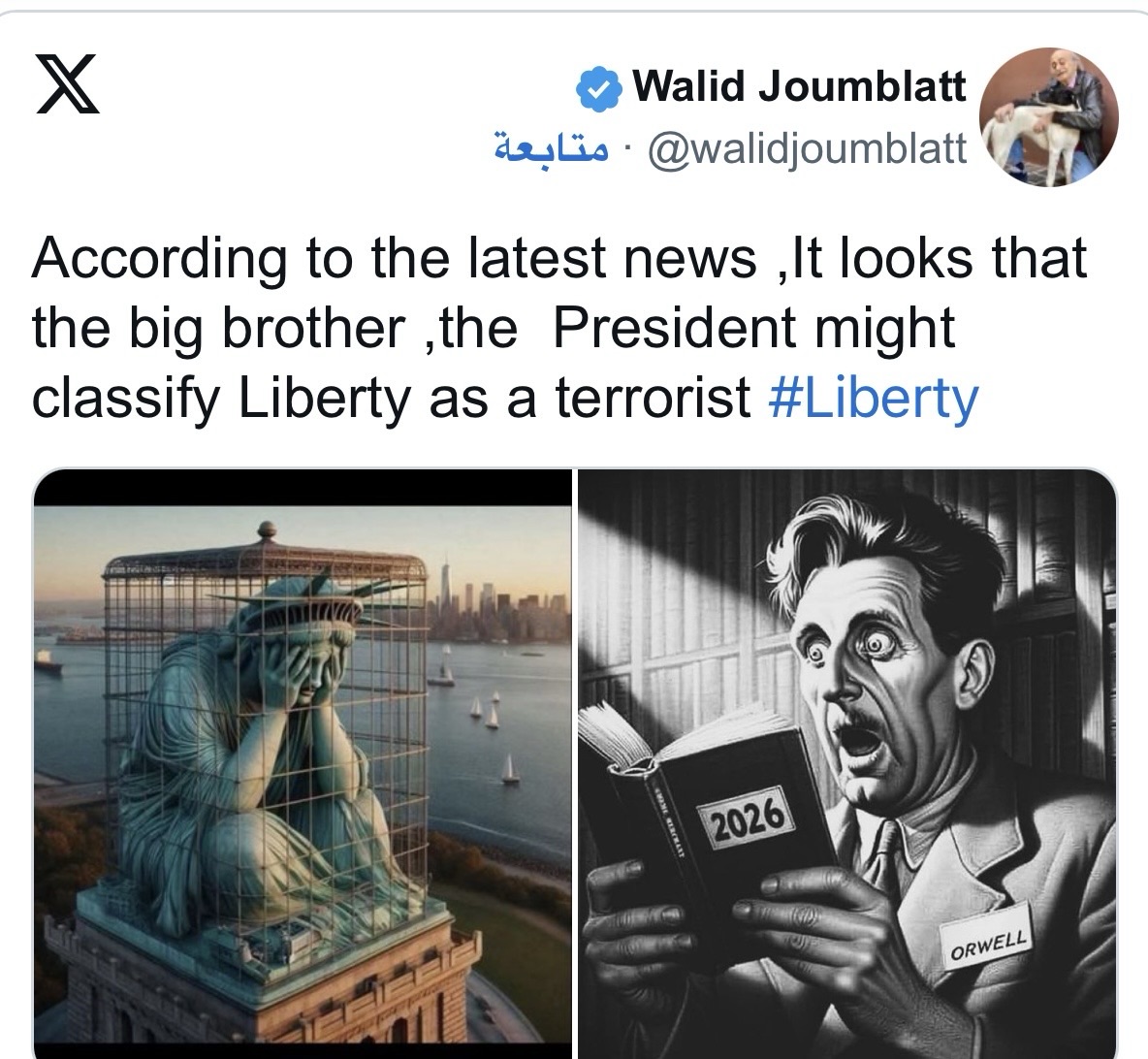 *جنبلاط ينتقد تقييد الحريات: «الأخ الأكبر قد يُصنّف الحرية منظمة إرهابية*