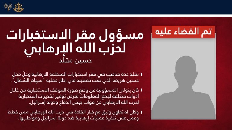 ادرعي :جيش الدفاع قضى على مسؤول مقر الاستخبارات في حزب الله
