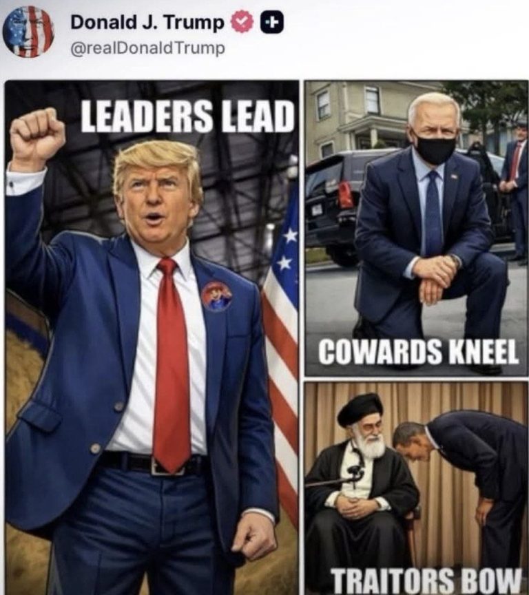 *ترمب ينشر صورة على تروث سوشيال تحمل صورته مكتوب عليها “القادة يقودون” وصورة الرئيس السابق بايدن مع عبارة “الجبناء يركعون” وأخرى للرئيس الأسبق أوباما مع خامنئي مكتوب عليها “الخونة ينحنون*